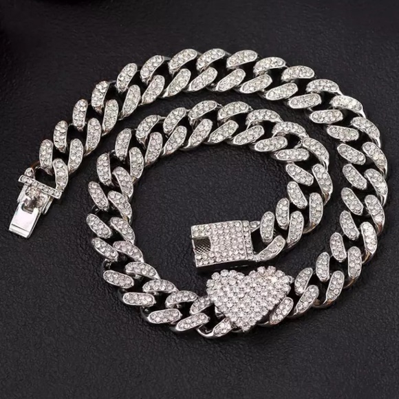 SILVER SUPER HOT HEAVY ICED OUT MIAMI CUBAN LINK HEART CHAIN CHOKER SEXY BLING - Picture 2 of 4